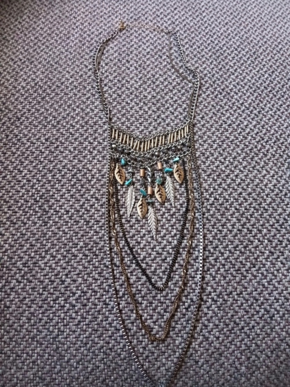 Layered Feather Statement Necklace in Gray & Gold